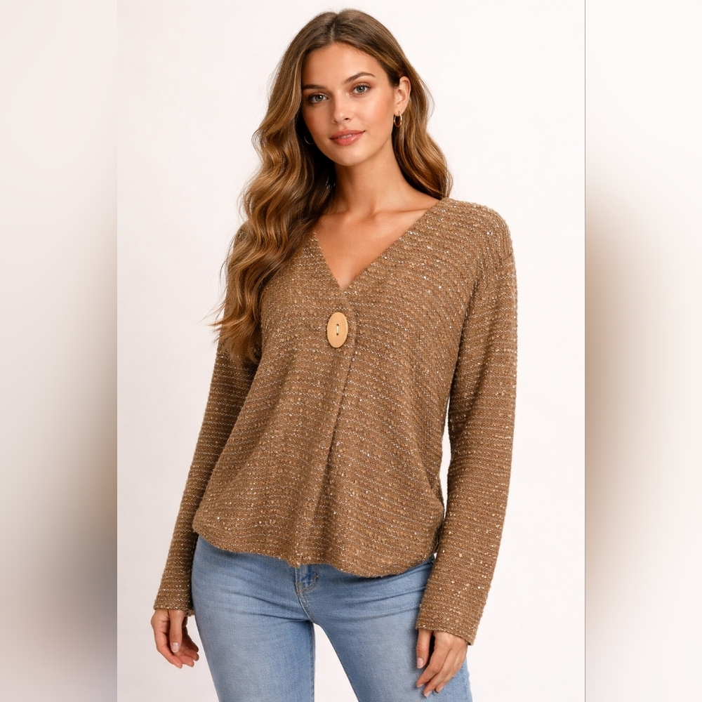 Toffee Apple Women's Tan Sweater- Button & Silver Metallic Stripes Sz M #2043